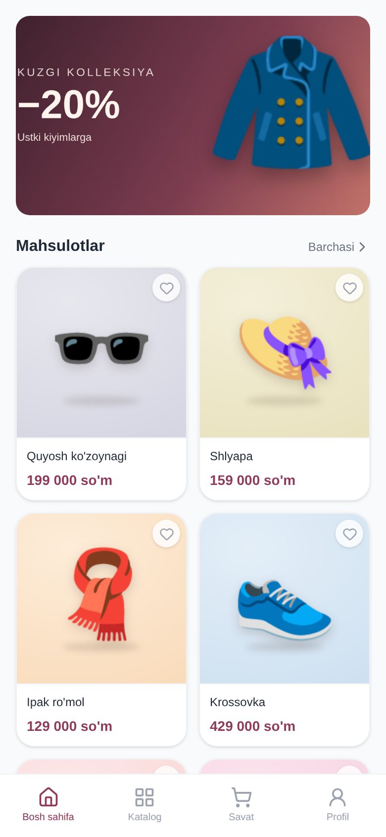 Telegram ichidagi do'kon: banner, aksiya va mahsulotlar ro'yxati
