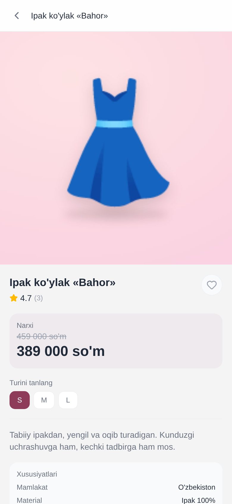 Mahsulot sahifasi: rasm, reyting, eski va yangi narx, razmer tanlash